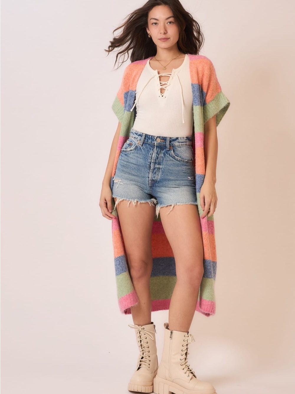Cozy Co. Long Striped Open Short Sleeve Cardigan Color Block Pastel Rainbow NWT